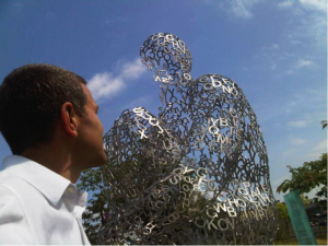 The author and Jaume Plensa’s “Overflow IV” Graciously loaned by the Vancouver Biennale